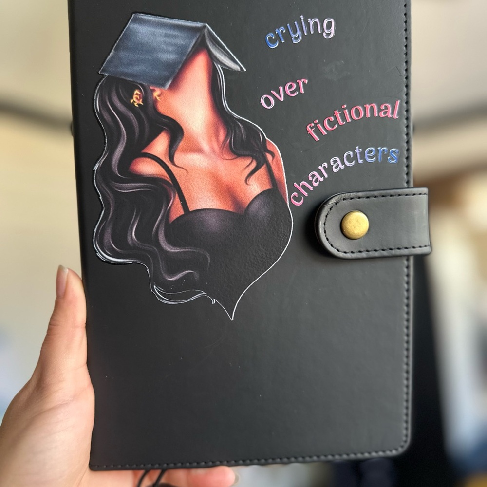 Crying Over Fictional Characters Black Faux Leather Notebook